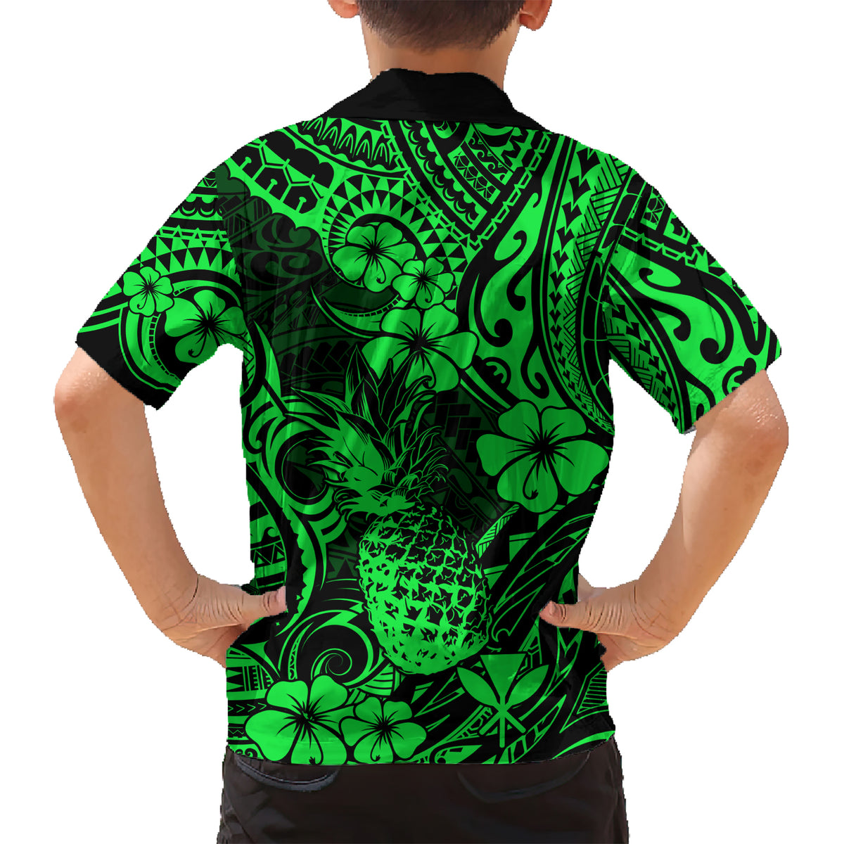 Hawaii Pineapple Kid Hawaiian Shirt Paradise Flowers Pacific With Green Polynesian Tribal LT01 - Polynesian Pride