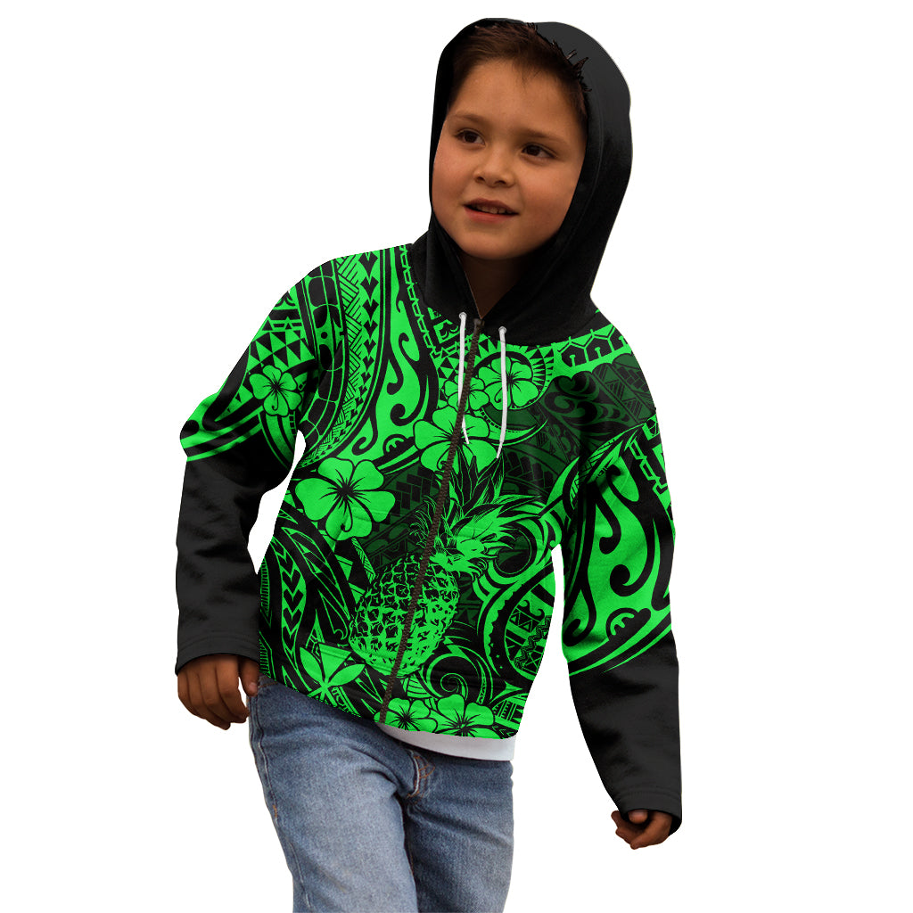 Hawaii Pineapple Kid Hoodie Paradise Flowers Pacific With Green Polynesian Tribal LT01 - Polynesian Pride