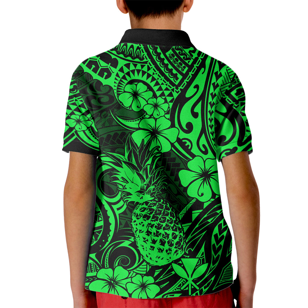 Hawaii Pineapple Kid Polo Shirt Paradise Flowers Pacific With Green Polynesian Tribal LT01 - Polynesian Pride