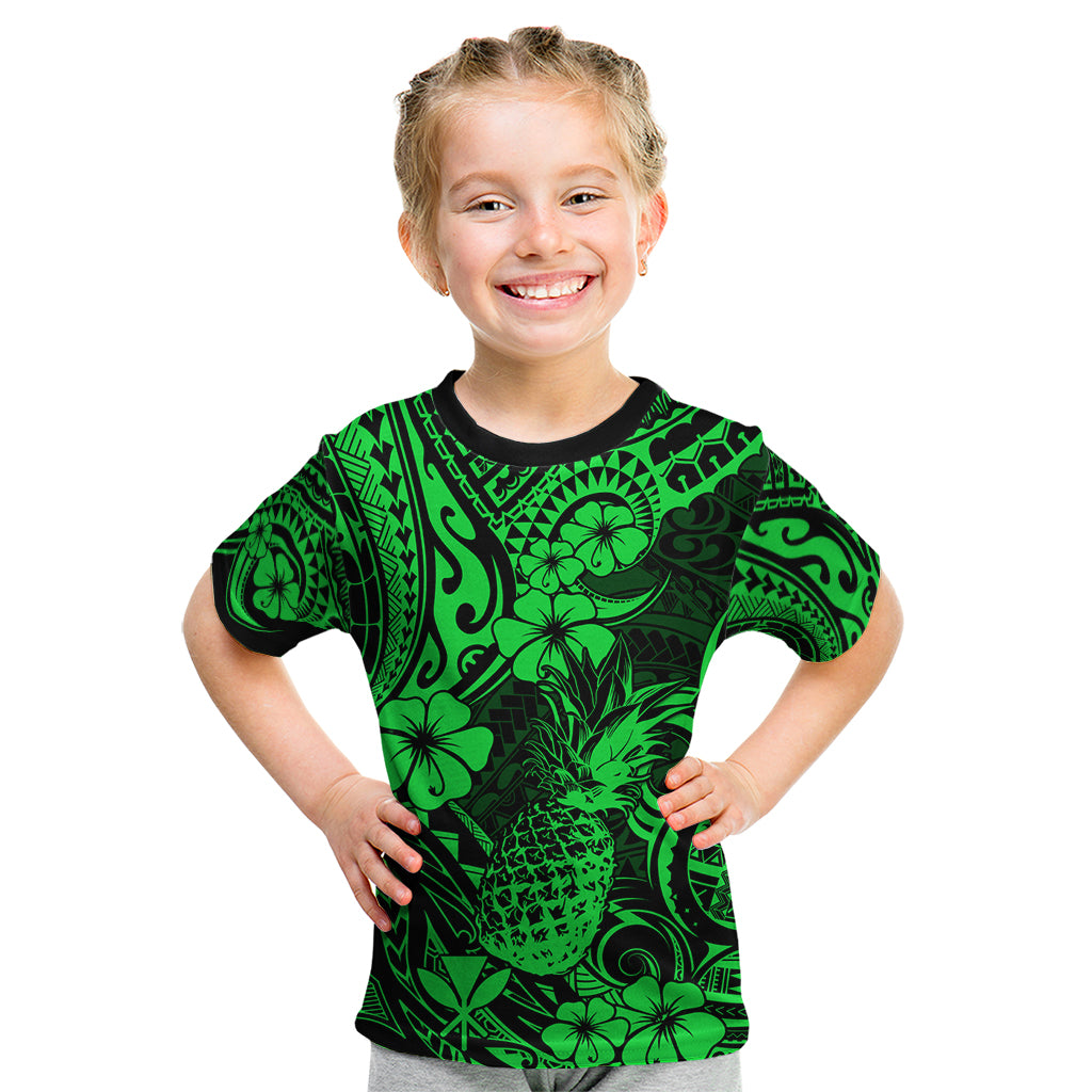 Hawaii Pineapple Kid T Shirt Paradise Flowers Pacific With Green Polynesian Tribal LT01 Green - Polynesian Pride