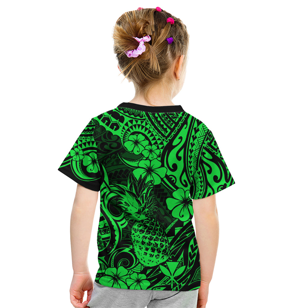 Hawaii Pineapple Kid T Shirt Paradise Flowers Pacific With Green Polynesian Tribal LT01 - Polynesian Pride