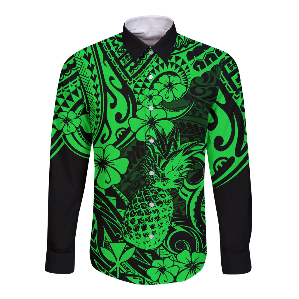 Hawaii Pineapple Long Sleeve Button Shirt Paradise Flowers Pacific With Green Polynesian Tribal LT01 Unisex Green - Polynesian Pride