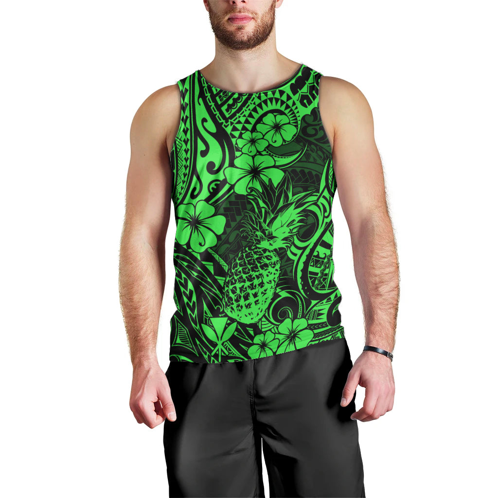 Hawaii Pineapple Men Tank Top Paradise Flowers Pacific With Green Polynesian Tribal LT01 - Polynesian Pride