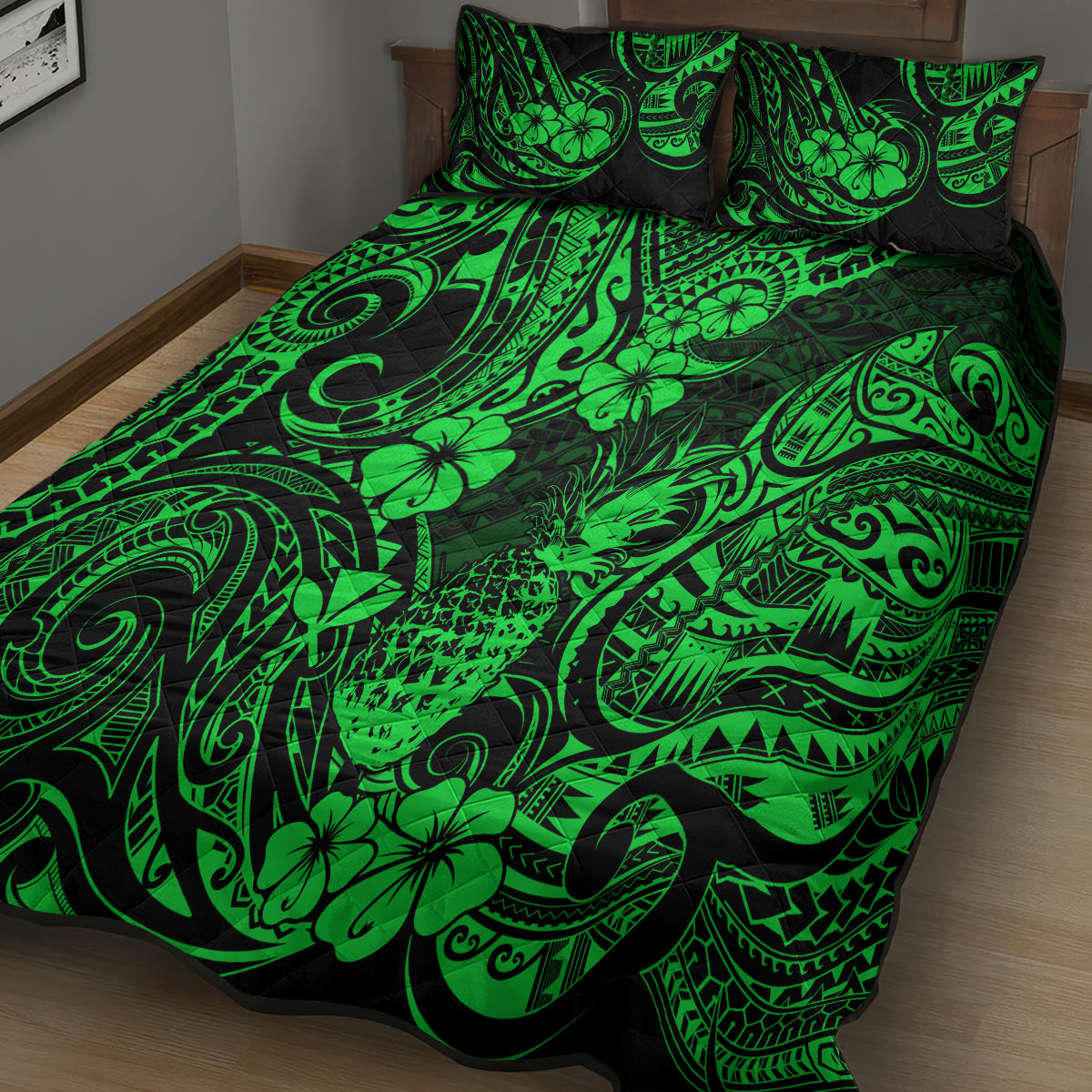 Hawaii Pineapple Quilt Bed Set Paradise Flowers Pacific With Green Polynesian Tribal LT01 - Polynesian Pride
