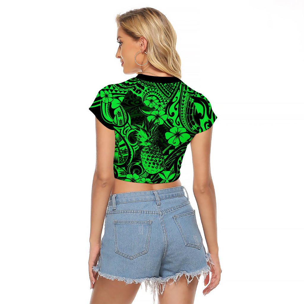 Hawaii Pineapple Raglan Cropped T Shirt Paradise Flowers Pacific With Green Polynesian Tribal LT01 - Polynesian Pride