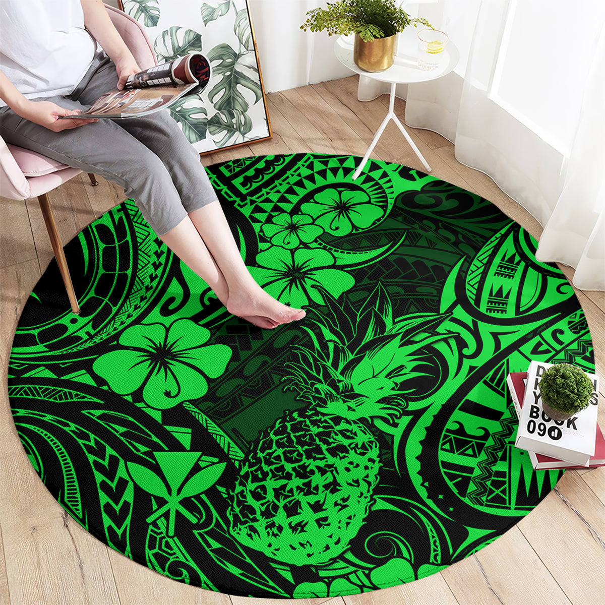 Hawaii Pineapple Round Carpet Paradise Flowers Pacific With Green Polynesian Tribal LT01 - Polynesian Pride