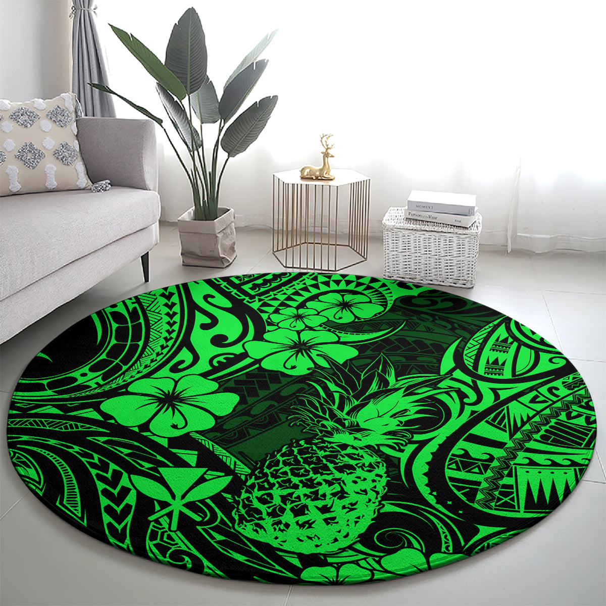 Hawaii Pineapple Round Carpet Paradise Flowers Pacific With Green Polynesian Tribal LT01 - Polynesian Pride