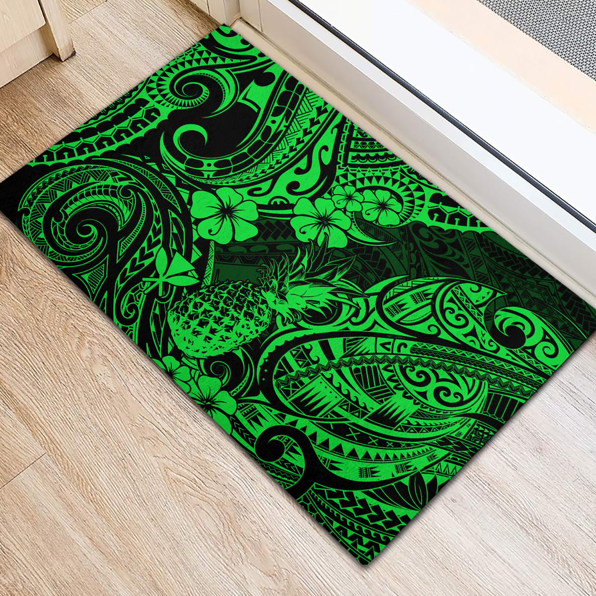 Hawaii Pineapple Rubber Doormat Paradise Flowers Pacific With Green Polynesian Tribal LT01 - Polynesian Pride
