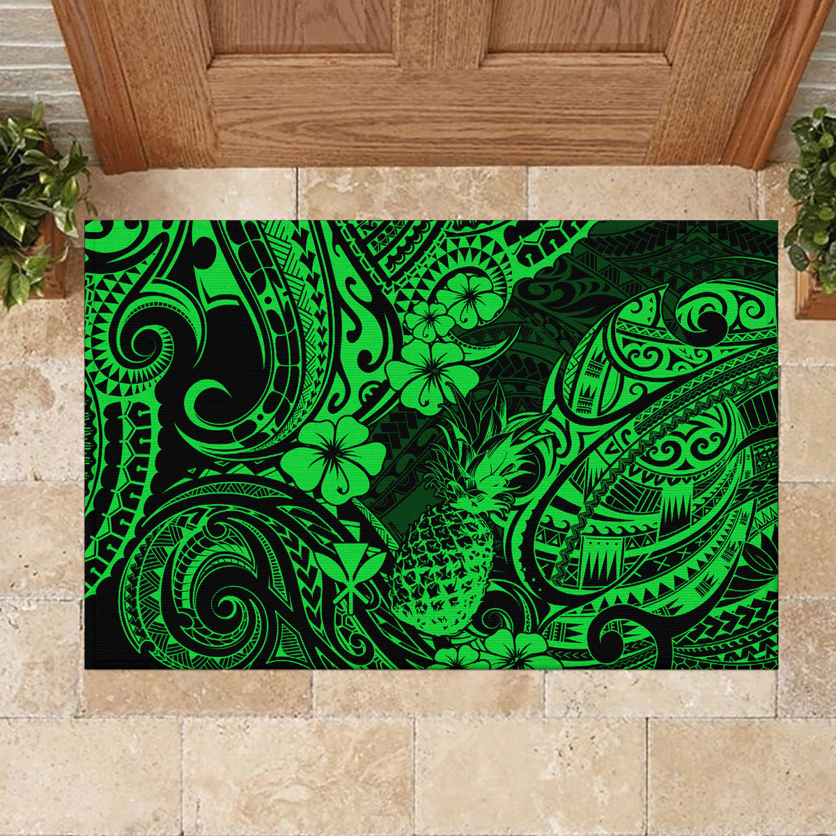 Hawaii Pineapple Rubber Doormat Paradise Flowers Pacific With Green Polynesian Tribal LT01 - Polynesian Pride
