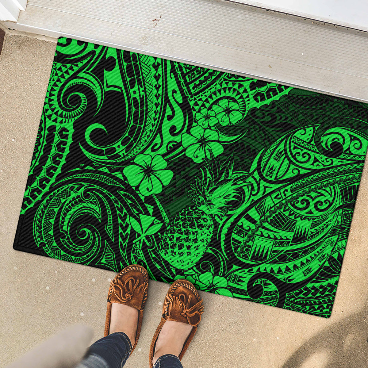Hawaii Pineapple Rubber Doormat Paradise Flowers Pacific With Green Polynesian Tribal LT01 - Polynesian Pride