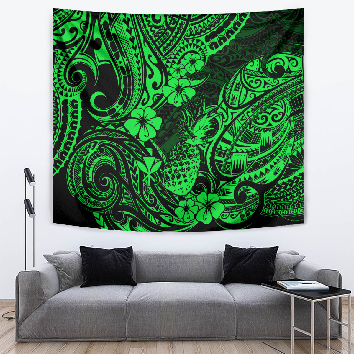 Hawaii Pineapple Tapestry Paradise Flowers Pacific With Green Polynesian Tribal LT01 - Polynesian Pride