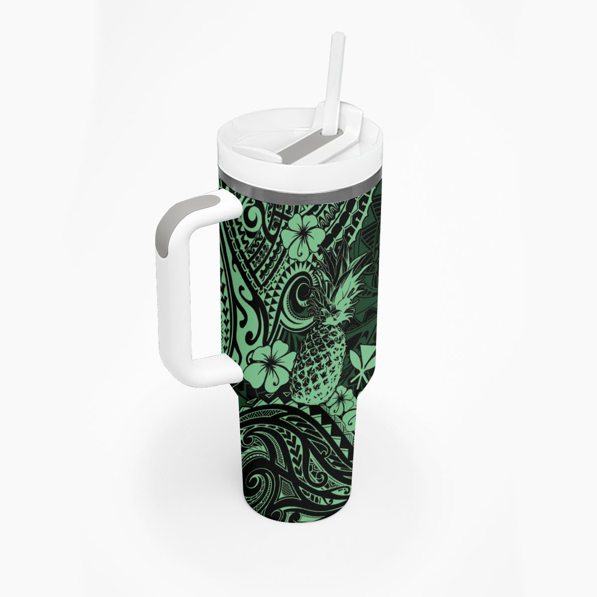 Hawaii Pineapple Tumbler With Handle Paradise Flowers Pacific With Green Polynesian Tribal