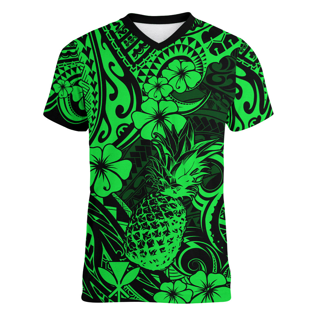 Hawaii Pineapple Women V Neck T Shirt Paradise Flowers Pacific With Green Polynesian Tribal LT01 Female Green - Polynesian Pride