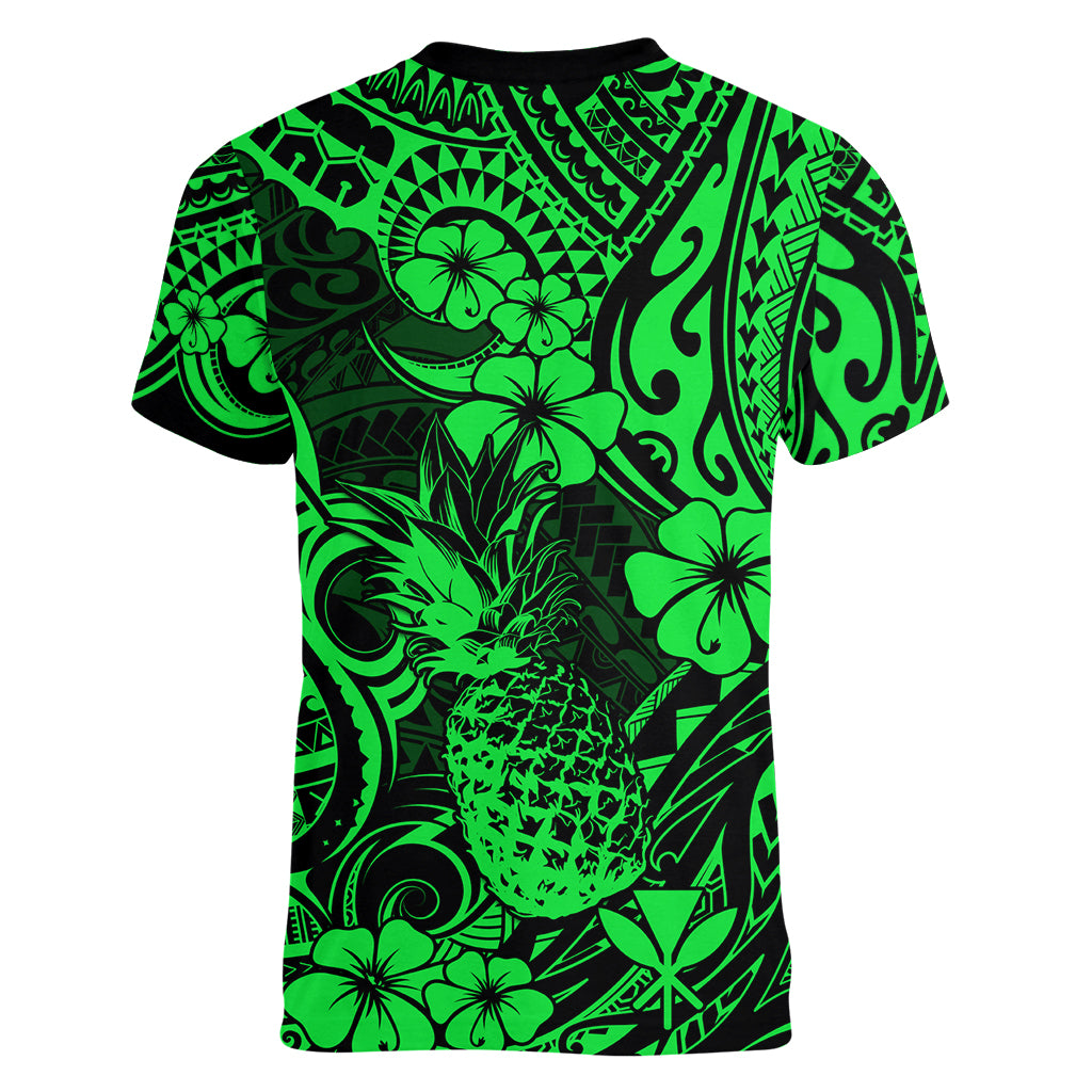 Hawaii Pineapple Women V Neck T Shirt Paradise Flowers Pacific With Green Polynesian Tribal LT01 - Polynesian Pride