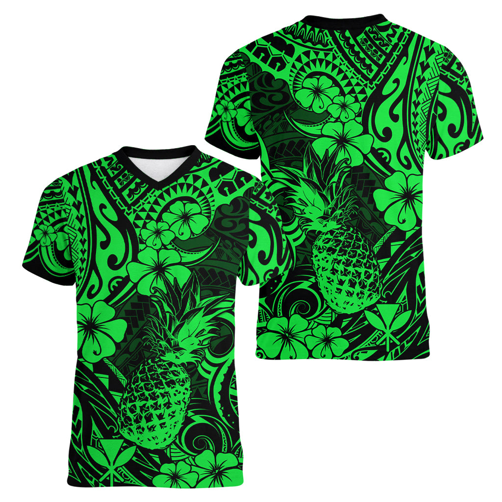Hawaii Pineapple Women V Neck T Shirt Paradise Flowers Pacific With Green Polynesian Tribal LT01 - Polynesian Pride