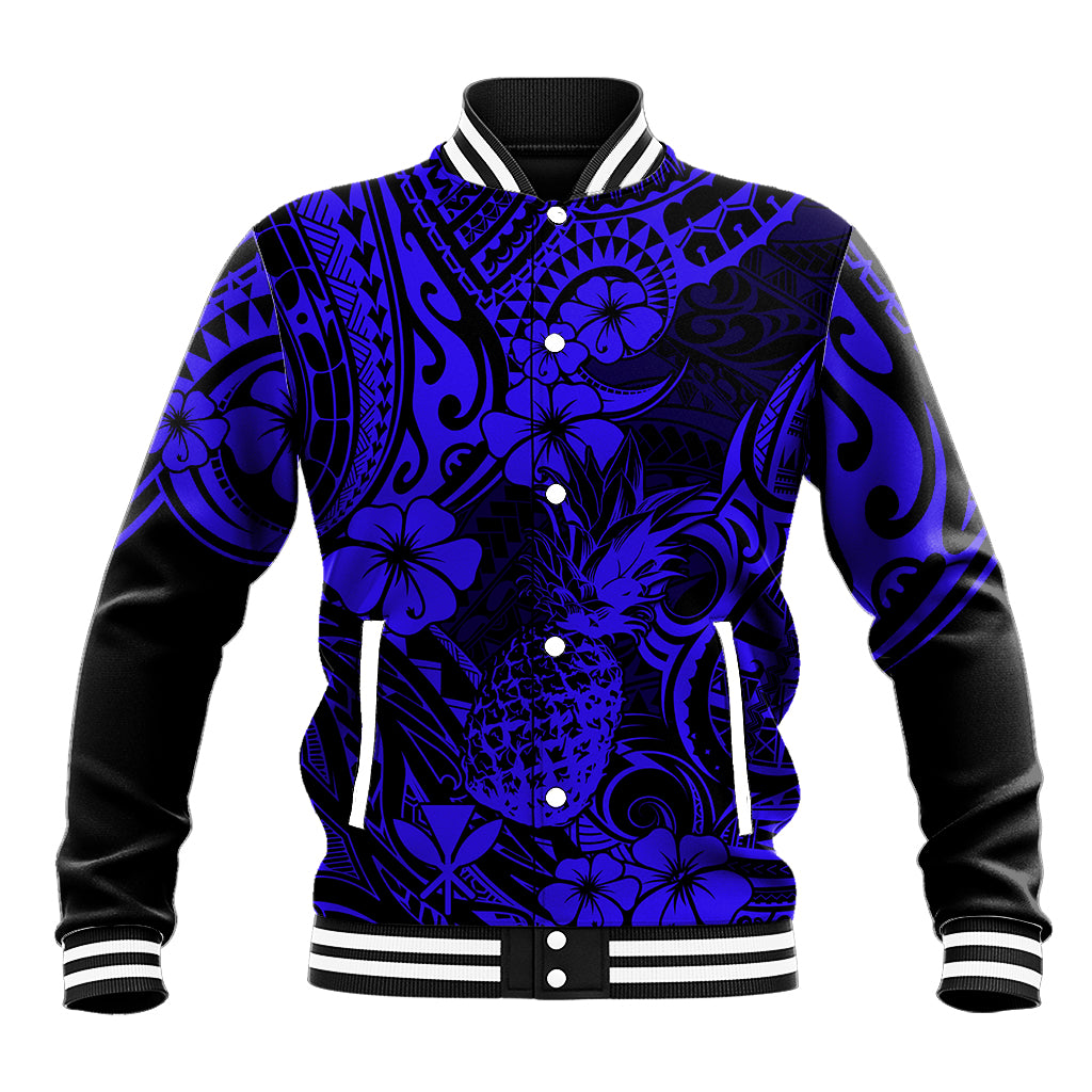 Hawaii Pineapple Baseball Jacket Paradise Flowers Pacific With Navy Blue Polynesian Tribal LT01 Unisex Blue - Polynesian Pride