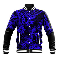 Hawaii Pineapple Baseball Jacket Paradise Flowers Pacific With Navy Blue Polynesian Tribal LT01 Unisex Blue - Polynesian Pride