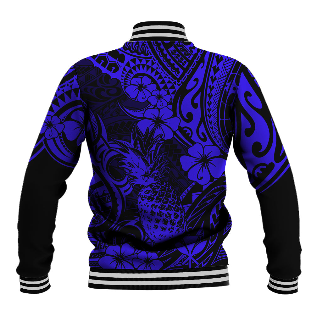 Hawaii Pineapple Baseball Jacket Paradise Flowers Pacific With Navy Blue Polynesian Tribal LT01 - Polynesian Pride