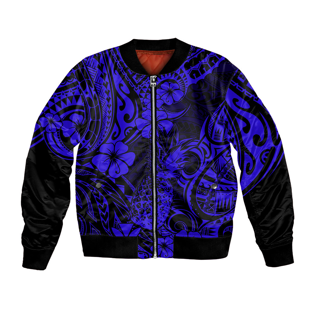 Hawaii Pineapple Bomber Jacket Paradise Flowers Pacific With Navy Blue Polynesian Tribal LT01 Unisex Blue - Polynesian Pride