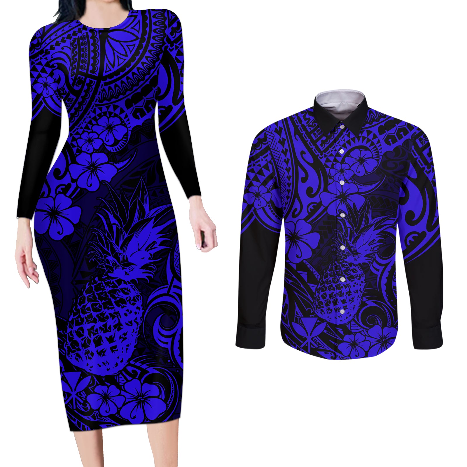 Hawaii Pineapple Couples Matching Long Sleeve Bodycon Dress and Long Sleeve Button Shirts Paradise Flowers Pacific With Navy Blue Polynesian Tribal LT01 Blue - Polynesian Pride