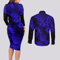 Hawaii Pineapple Couples Matching Long Sleeve Bodycon Dress and Long Sleeve Button Shirts Paradise Flowers Pacific With Navy Blue Polynesian Tribal LT01 - Polynesian Pride