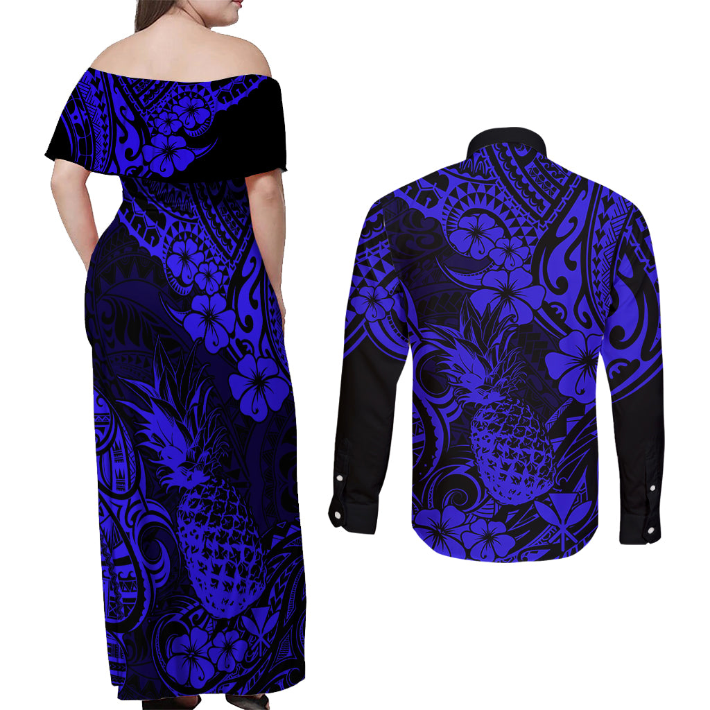 Hawaii Pineapple Couples Matching Off Shoulder Maxi Dress and Long Sleeve Button Shirts Paradise Flowers Pacific With Navy Blue Polynesian Tribal LT01 - Polynesian Pride