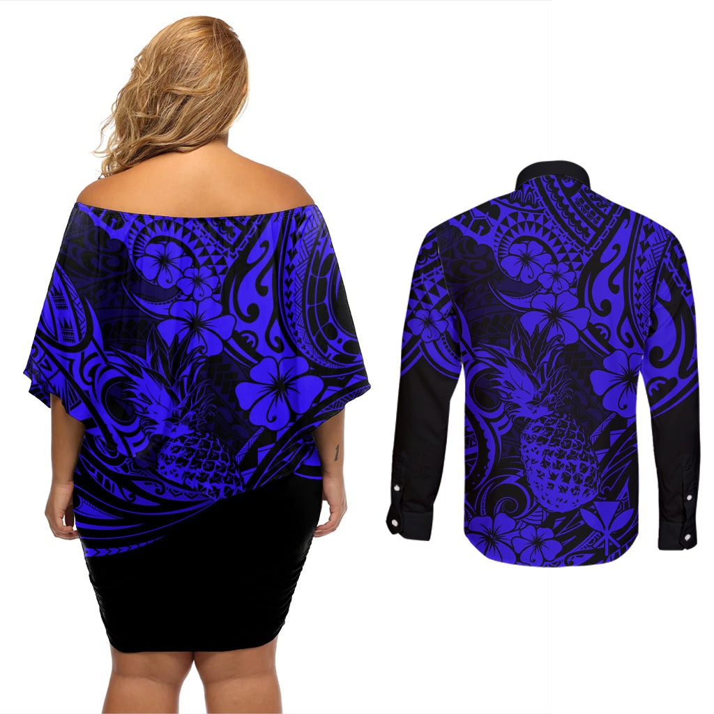 Hawaii Pineapple Couples Matching Off Shoulder Short Dress and Long Sleeve Button Shirts Paradise Flowers Pacific With Navy Blue Polynesian Tribal LT01 - Polynesian Pride