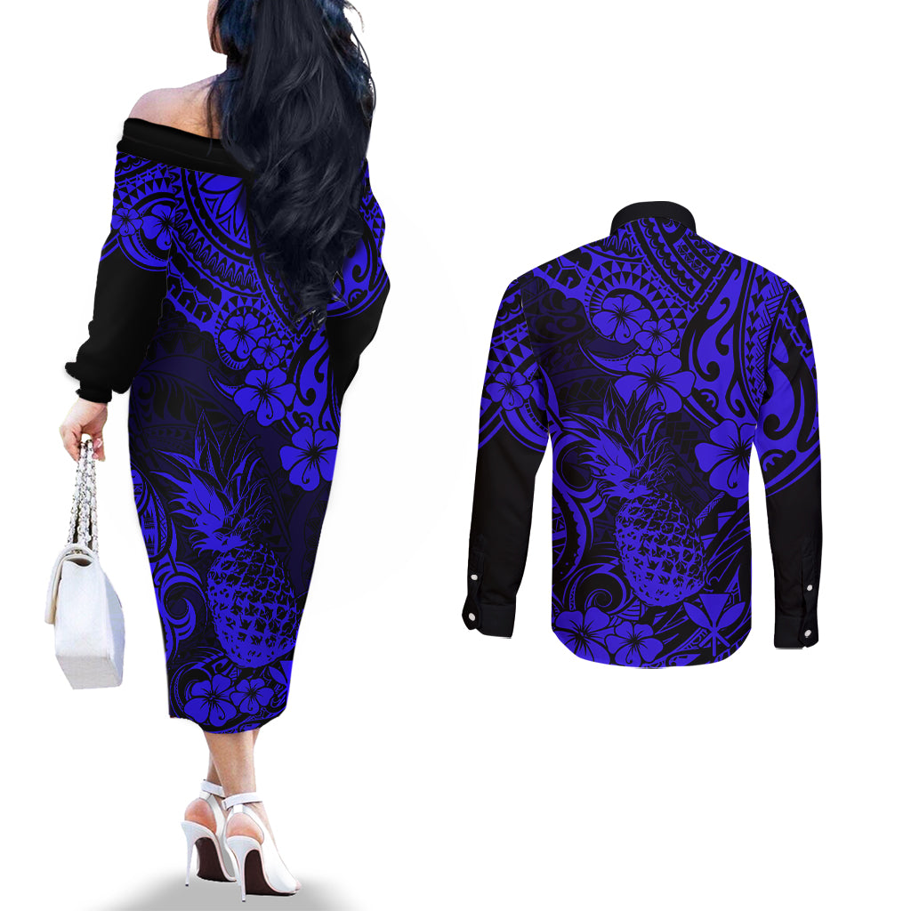 Hawaii Pineapple Couples Matching Off The Shoulder Long Sleeve Dress and Long Sleeve Button Shirts Paradise Flowers Pacific With Navy Blue Polynesian Tribal LT01 - Polynesian Pride