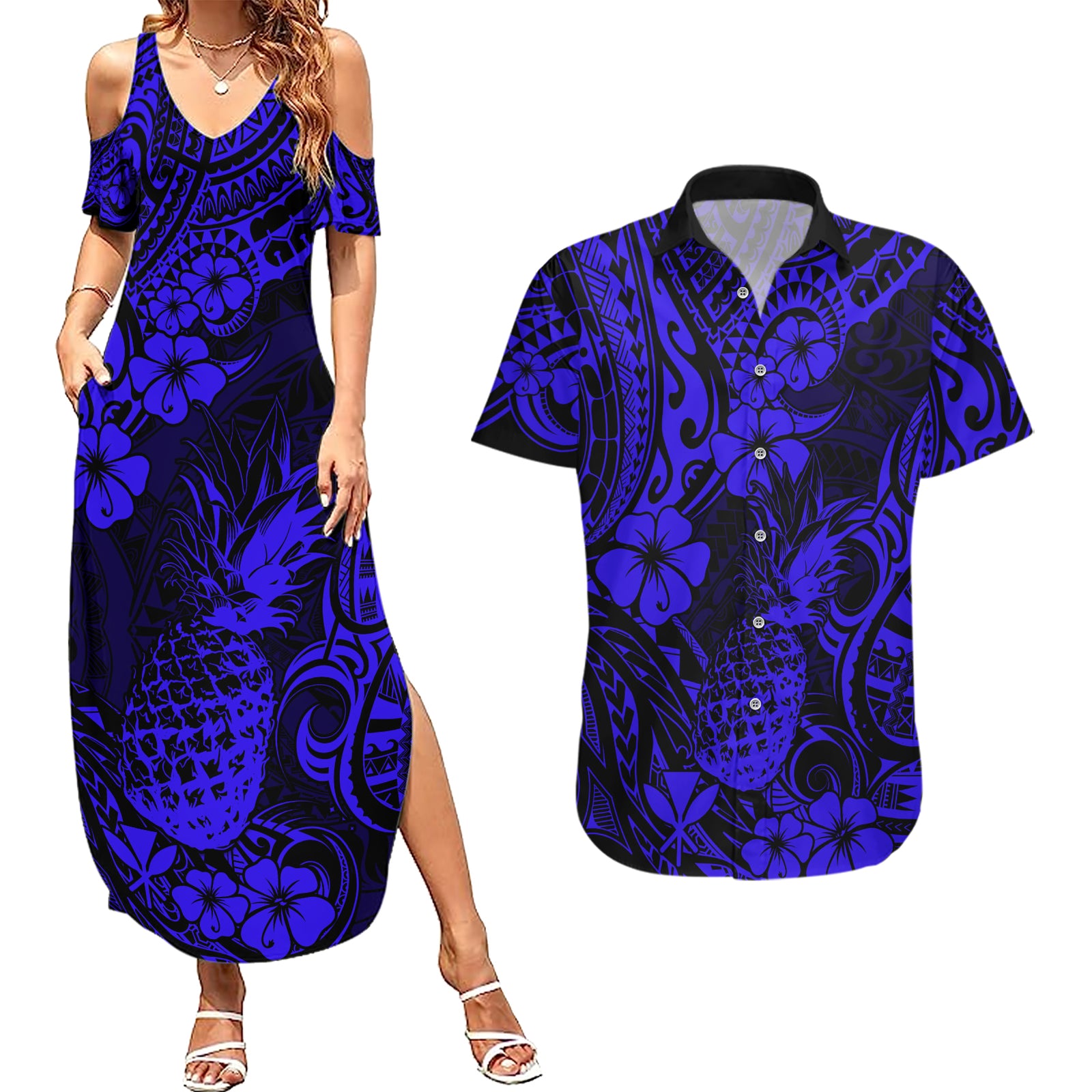 Hawaii Pineapple Couples Matching Summer Maxi Dress and Hawaiian Shirt Paradise Flowers Pacific With Navy Blue Polynesian Tribal LT01 Blue - Polynesian Pride
