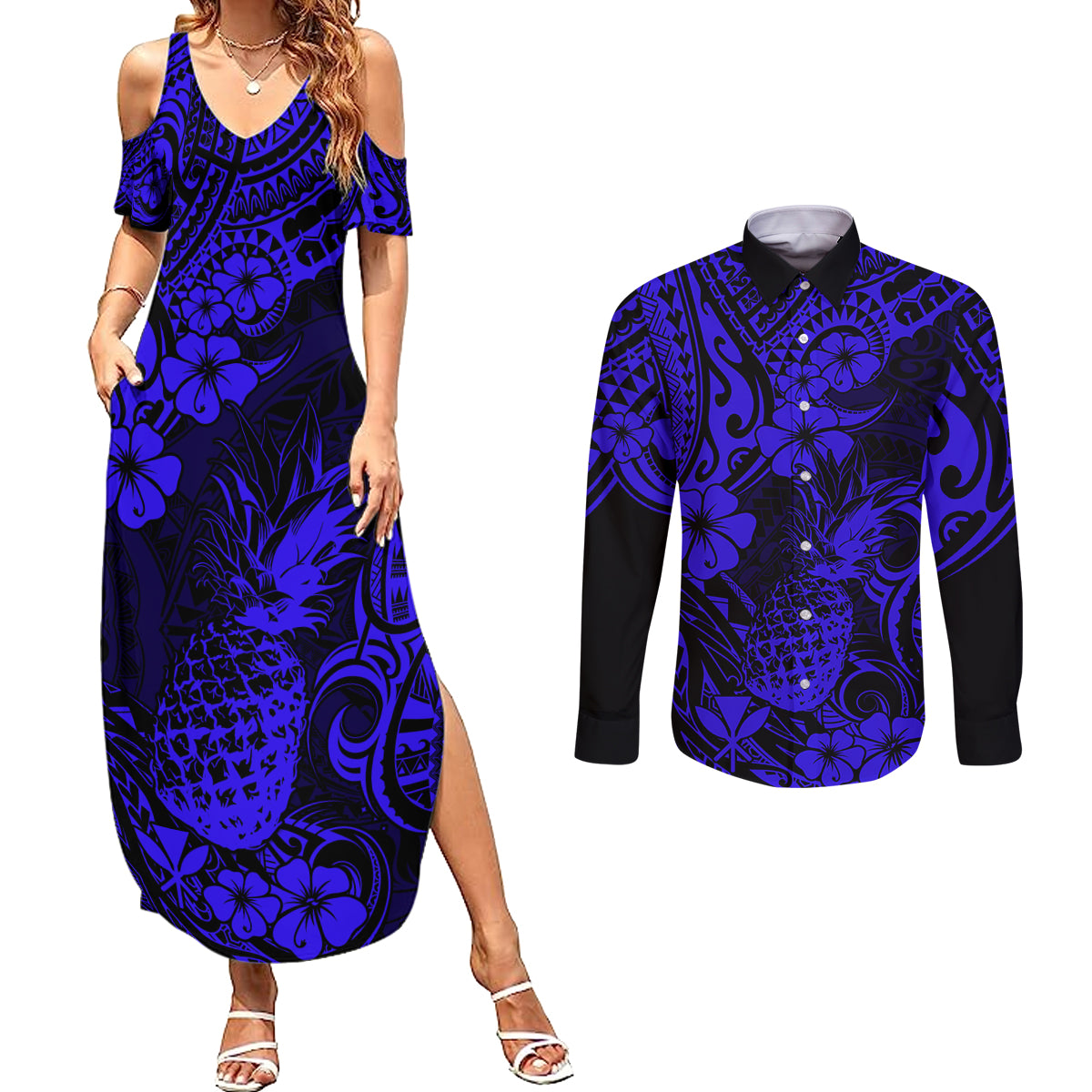 Hawaii Pineapple Couples Matching Summer Maxi Dress and Long Sleeve Button Shirts Paradise Flowers Pacific With Navy Blue Polynesian Tribal LT01 Blue - Polynesian Pride