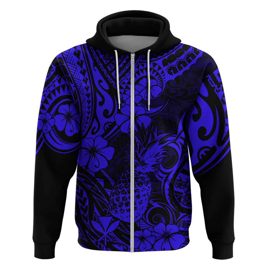 Hawaii Pineapple Hoodie Paradise Flowers Pacific With Navy Blue Polynesian Tribal LT01 Zip Hoodie Blue - Polynesian Pride