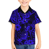 Hawaii Pineapple Kid Hawaiian Shirt Paradise Flowers Pacific With Navy Blue Polynesian Tribal LT01 Kid Blue - Polynesian Pride