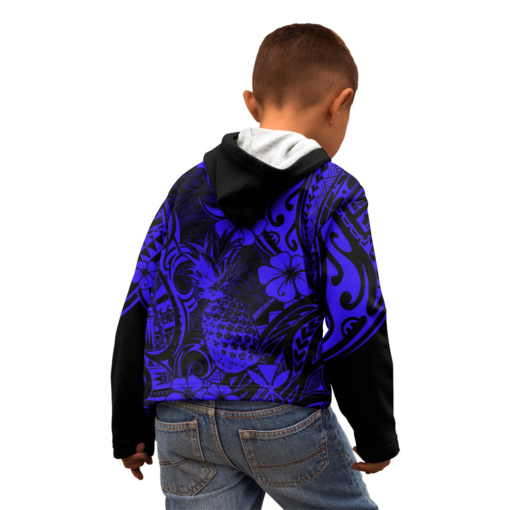 Hawaii Pineapple Kid Hoodie Paradise Flowers Pacific With Navy Blue Polynesian Tribal LT01 - Polynesian Pride
