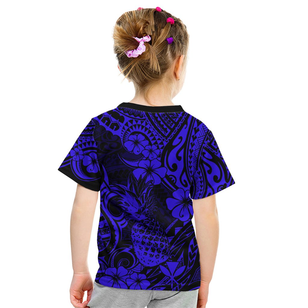 Hawaii Pineapple Kid T Shirt Paradise Flowers Pacific With Navy Blue Polynesian Tribal LT01 - Polynesian Pride