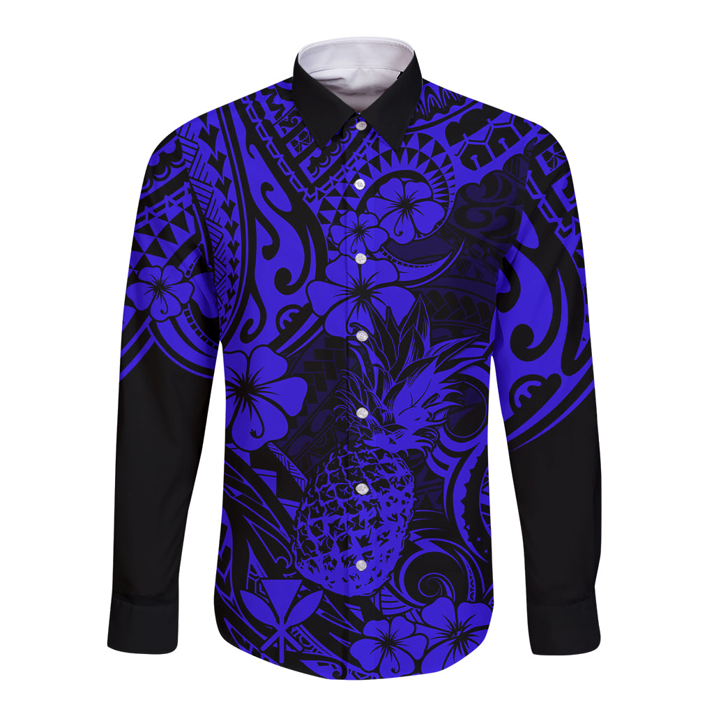 Hawaii Pineapple Long Sleeve Button Shirt Paradise Flowers Pacific With Navy Blue Polynesian Tribal LT01 Unisex Blue - Polynesian Pride