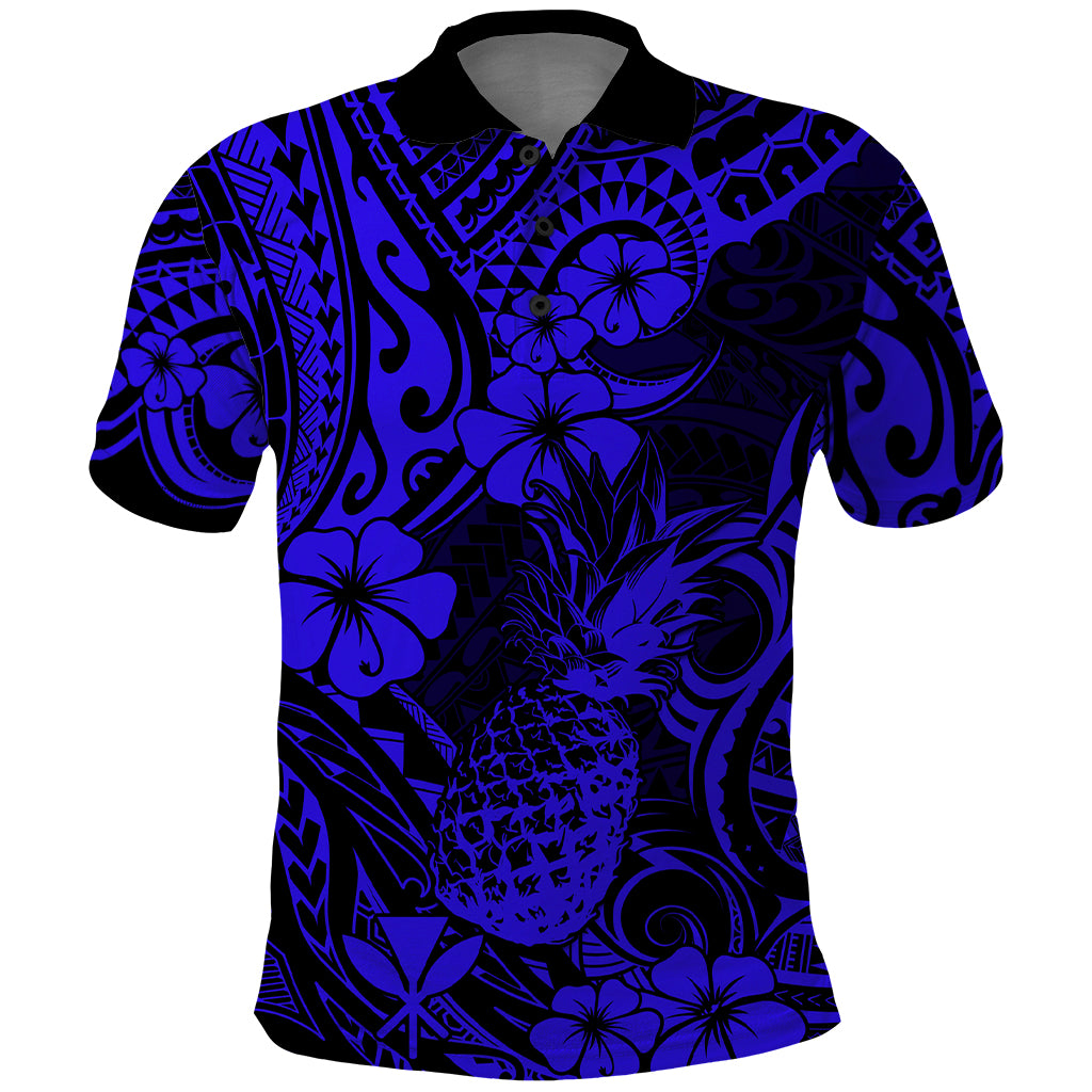 Hawaii Pineapple Polo Shirt Paradise Flowers Pacific With Navy Blue Polynesian Tribal LT01 Blue - Polynesian Pride