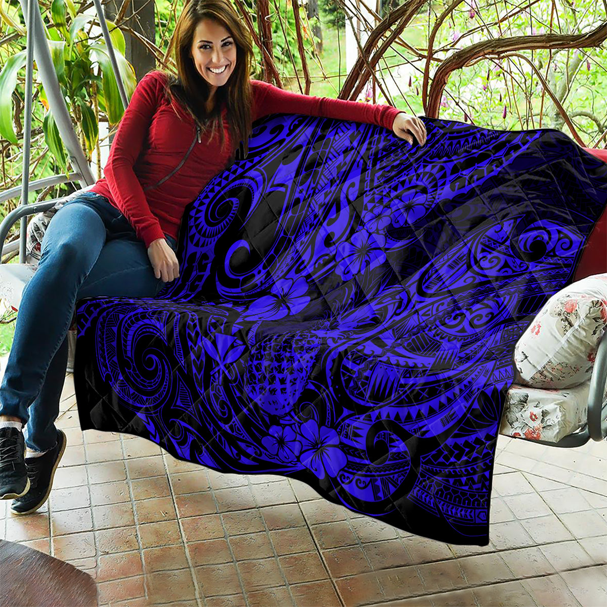 Hawaii Pineapple Quilt Paradise Flowers Pacific With Navy Blue Polynesian Tribal LT01 - Polynesian Pride