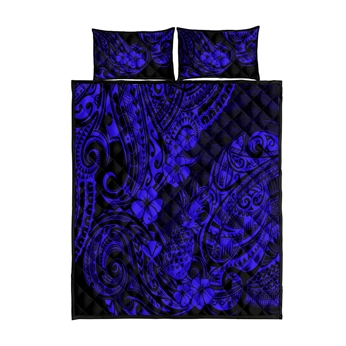 Hawaii Pineapple Quilt Bed Set Paradise Flowers Pacific With Navy Blue Polynesian Tribal LT01 Blue - Polynesian Pride