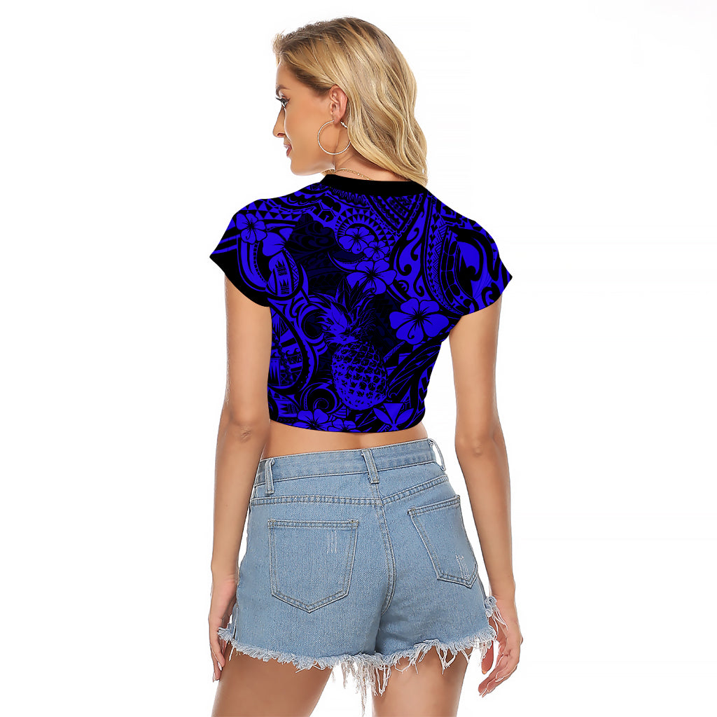 Hawaii Pineapple Raglan Cropped T Shirt Paradise Flowers Pacific With Navy Blue Polynesian Tribal LT01 - Polynesian Pride