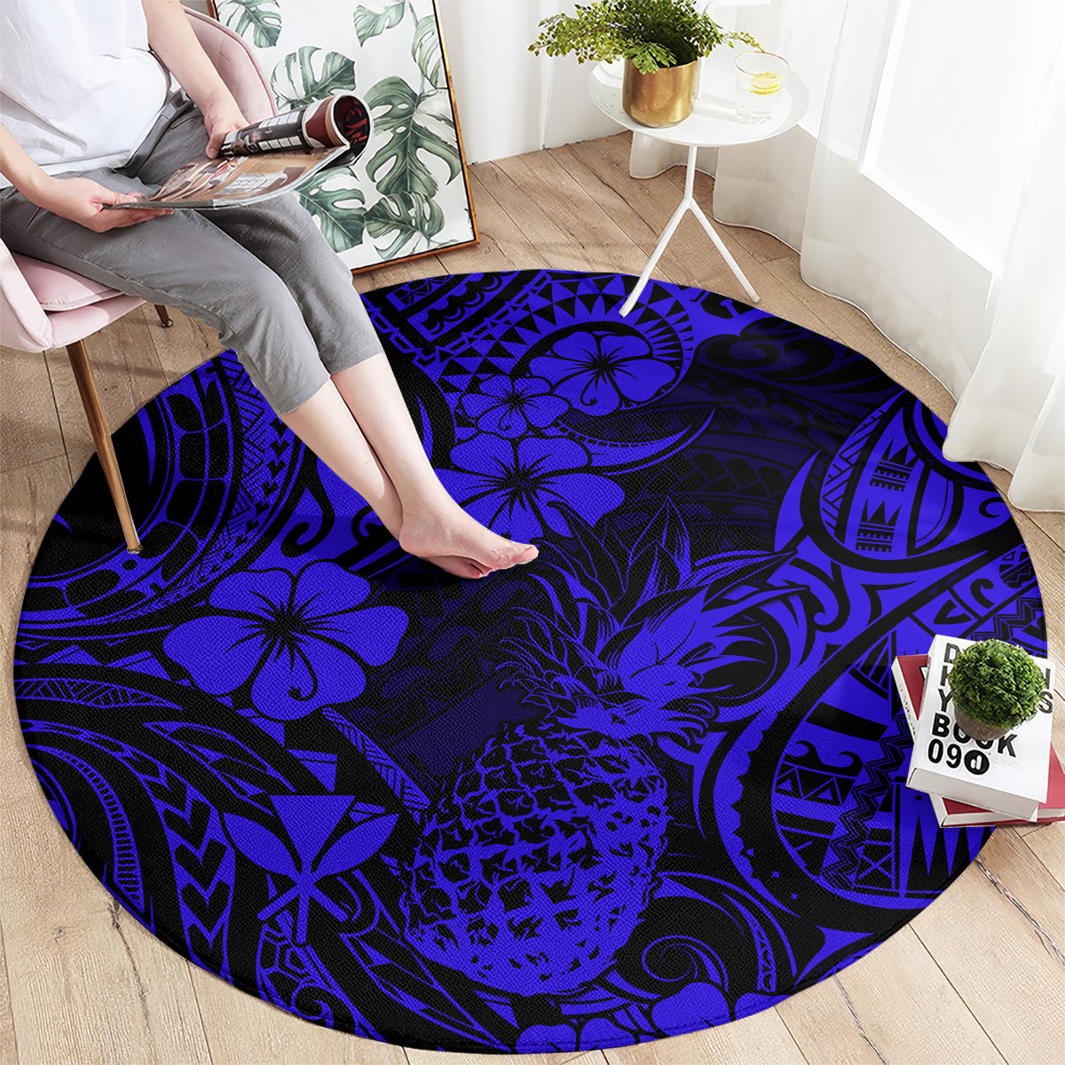 Hawaii Pineapple Round Carpet Paradise Flowers Pacific With Navy Blue Polynesian Tribal LT01 - Polynesian Pride