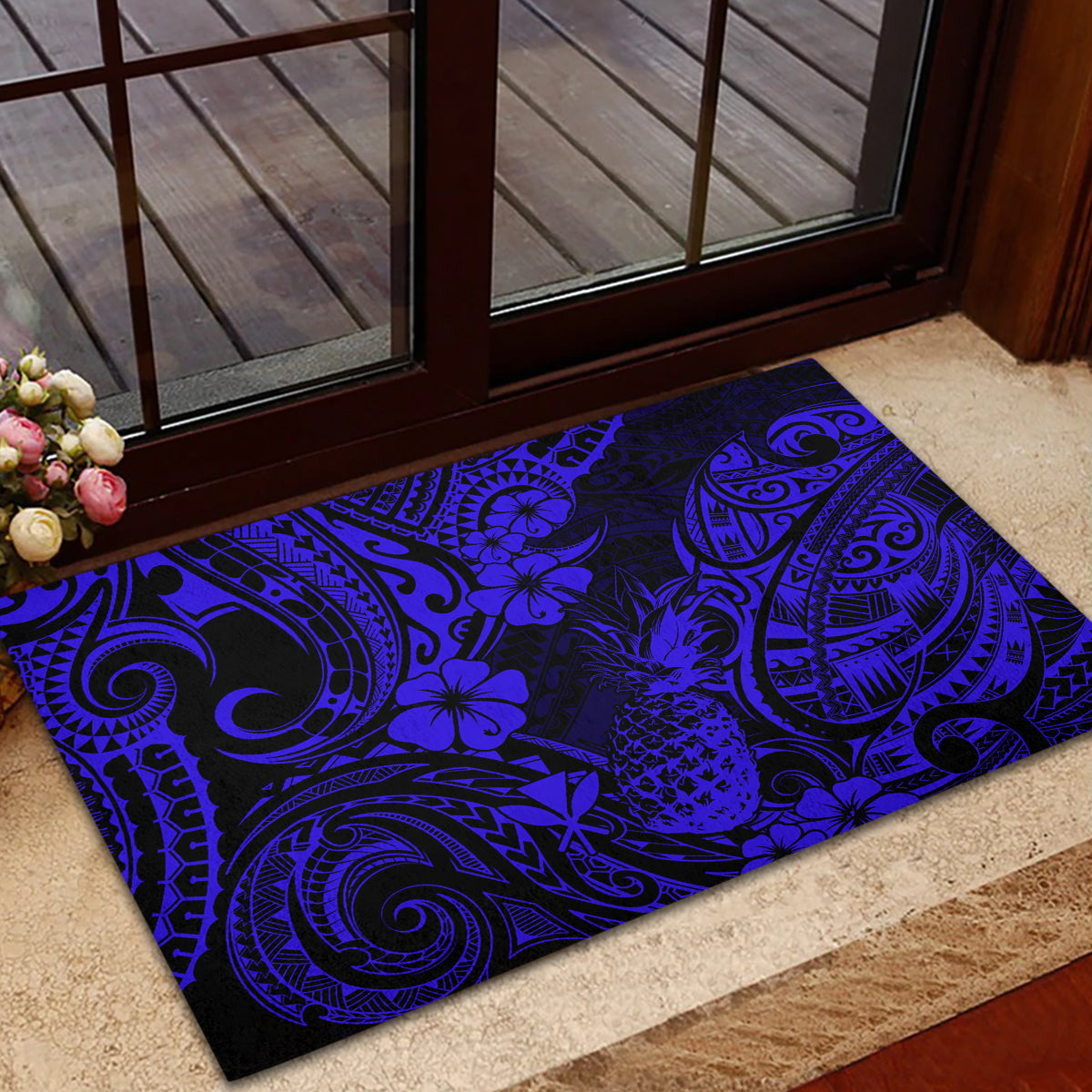 Hawaii Pineapple Rubber Doormat Paradise Flowers Pacific With Navy Blue Polynesian Tribal LT01 - Polynesian Pride