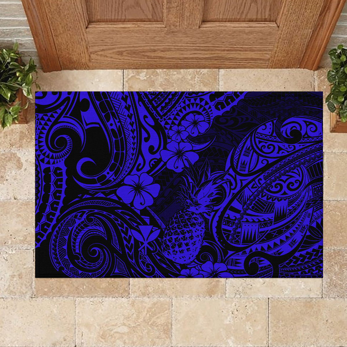 Hawaii Pineapple Rubber Doormat Paradise Flowers Pacific With Navy Blue Polynesian Tribal LT01 - Polynesian Pride