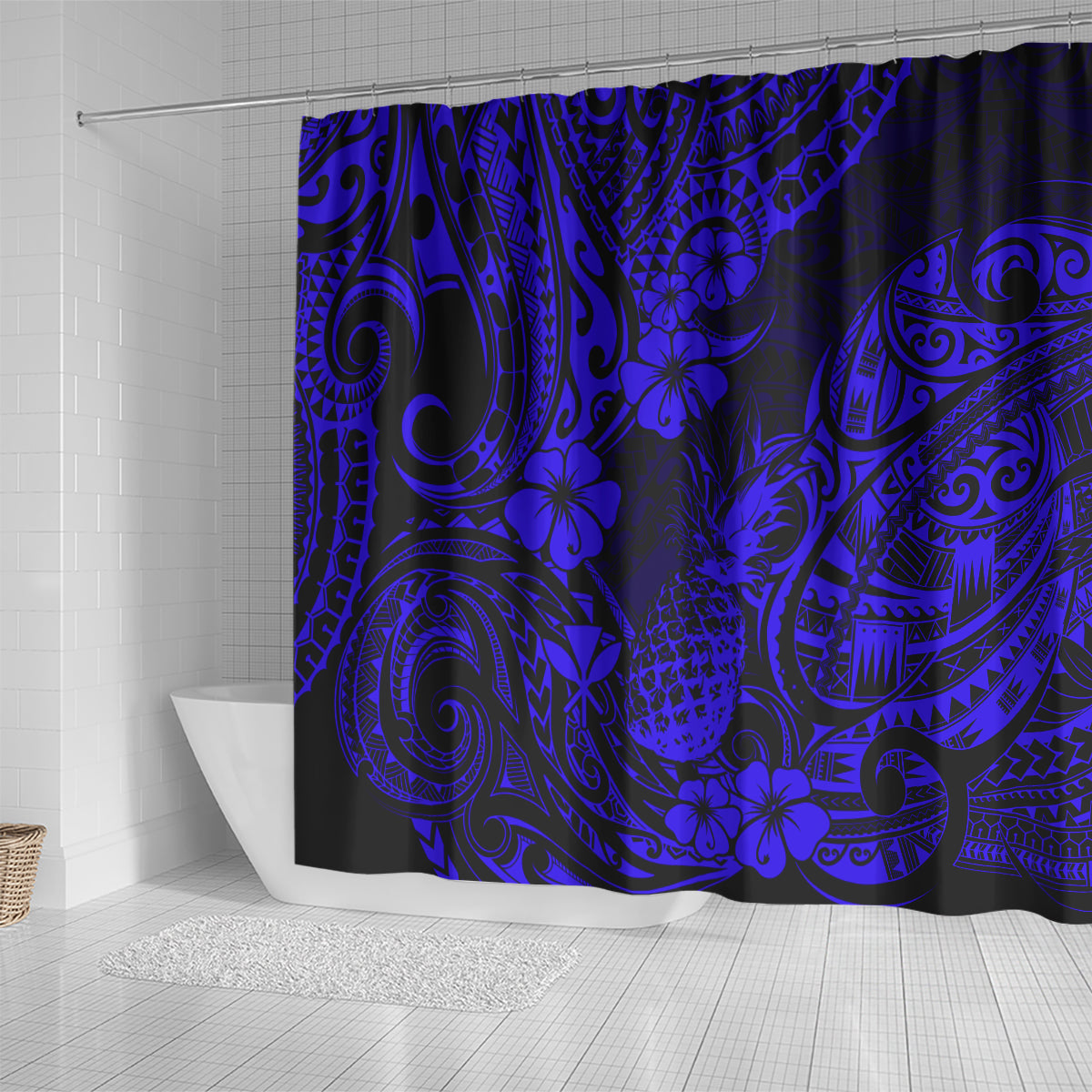 Hawaii Pineapple Shower Curtain Paradise Flowers Pacific With Navy Blue Polynesian Tribal LT01 - Polynesian Pride
