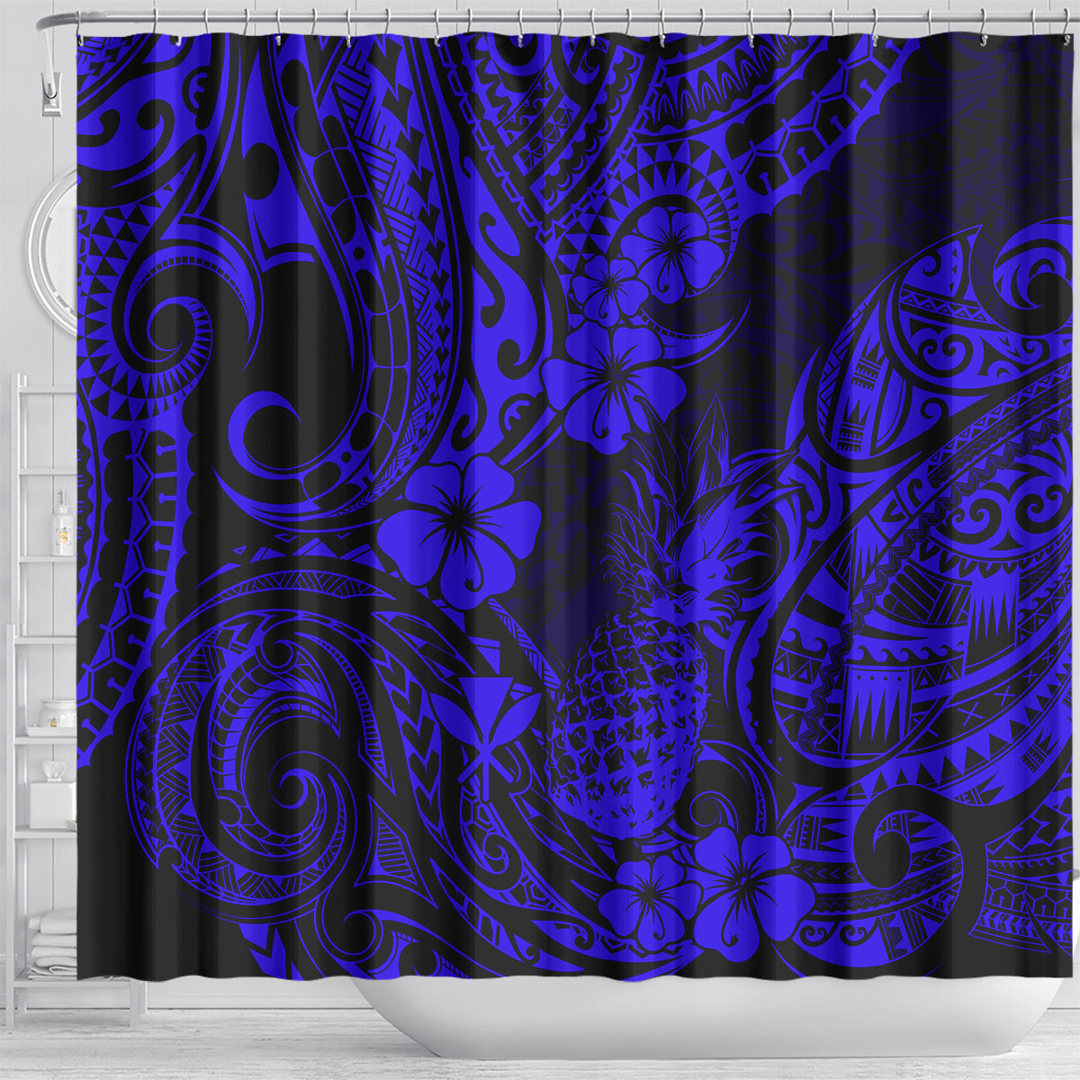 Hawaii Pineapple Shower Curtain Paradise Flowers Pacific With Navy Blue Polynesian Tribal LT01 - Polynesian Pride