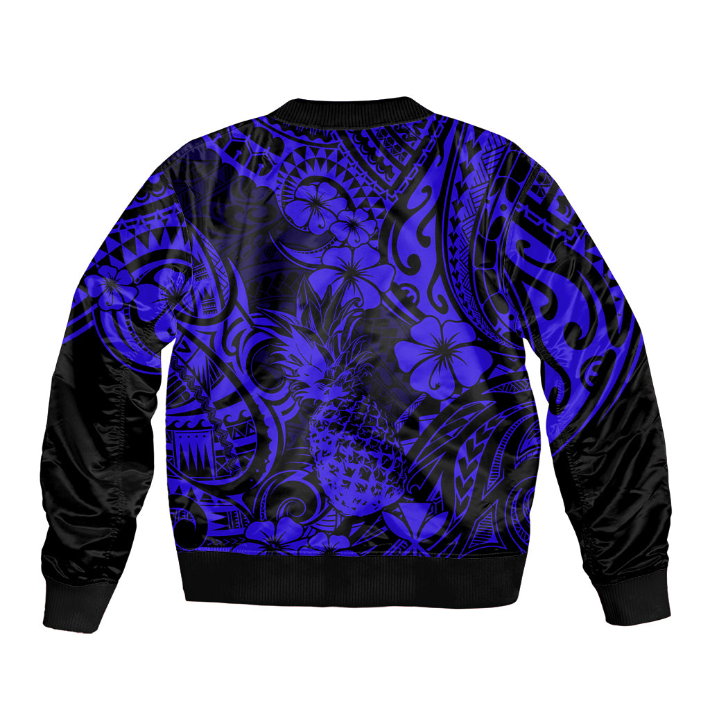 Hawaii Pineapple Sleeve Zip Bomber Jacket Paradise Flowers Pacific With Navy Blue Polynesian Tribal LT01 - Polynesian Pride