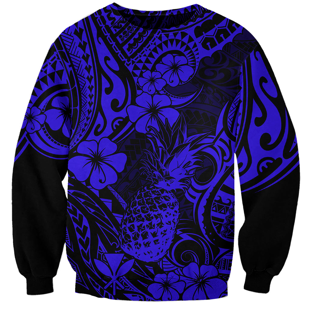 Hawaii Pineapple Sweatshirt Paradise Flowers Pacific With Navy Blue Polynesian Tribal LT01 Unisex Blue - Polynesian Pride