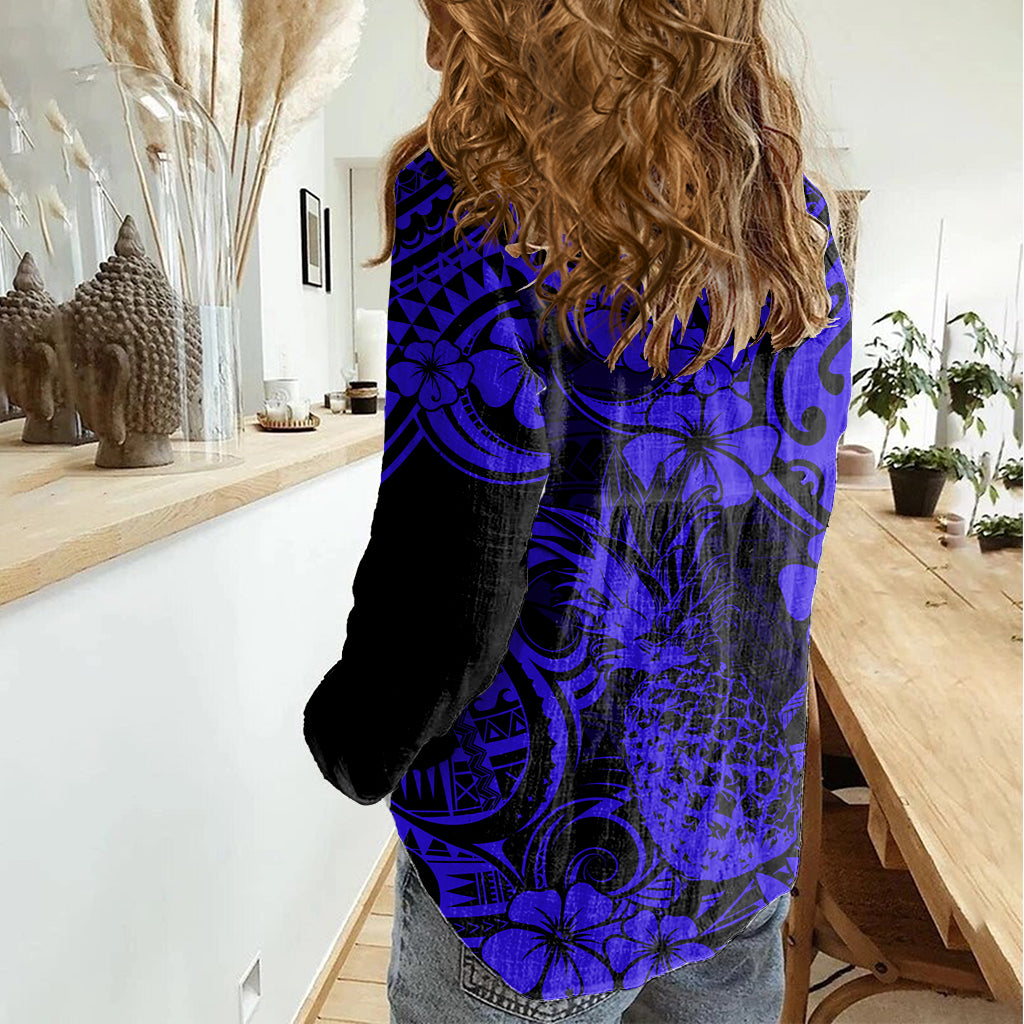 Hawaii Pineapple Women Casual Shirt Paradise Flowers Pacific With Navy Blue Polynesian Tribal LT01 - Polynesian Pride