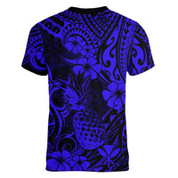 Hawaii Pineapple Women V Neck T Shirt Paradise Flowers Pacific With Navy Blue Polynesian Tribal LT01 - Polynesian Pride