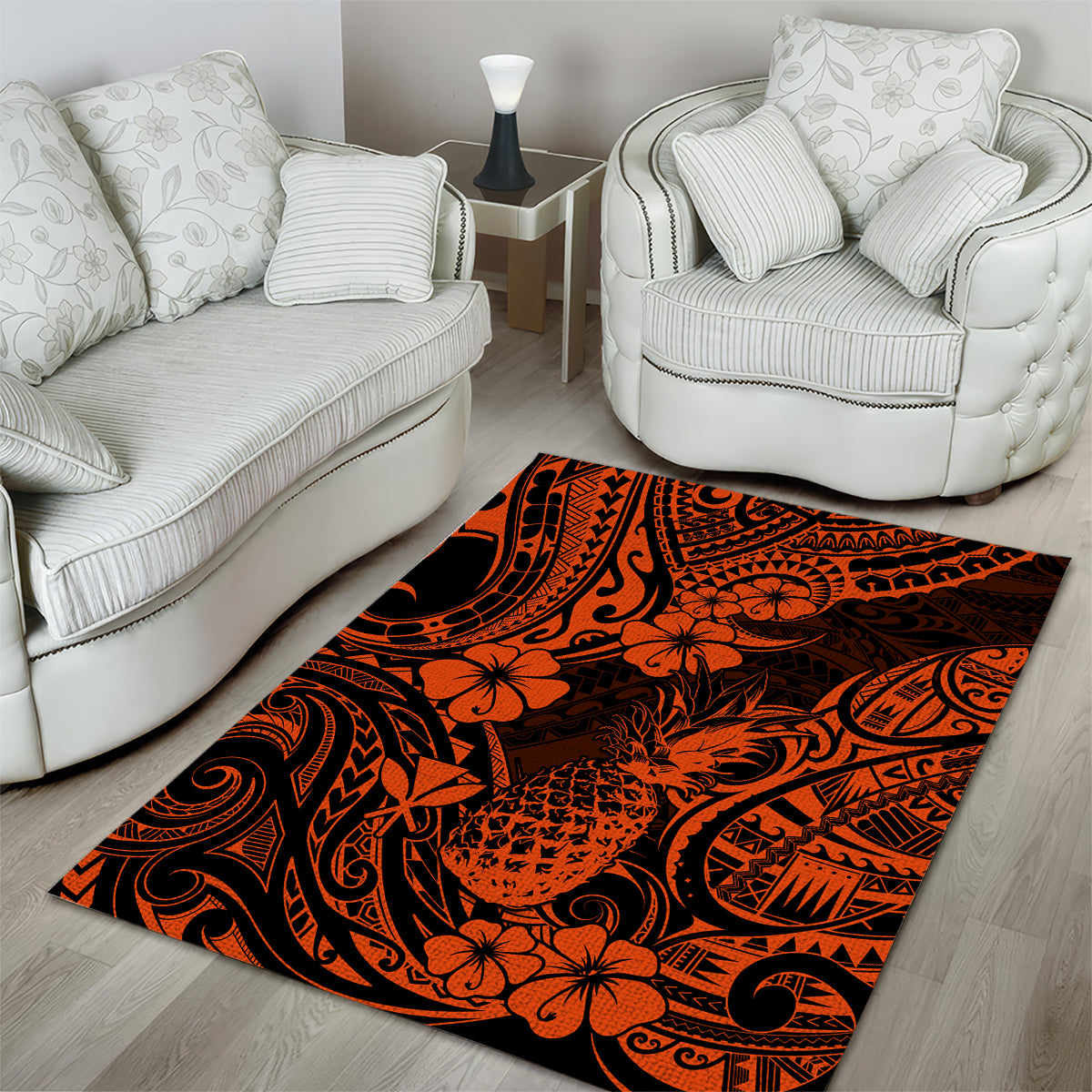 Hawaii Pineapple Area Rug Paradise Flowers Pacific With Orange Polynesian Tribal LT01 - Polynesian Pride