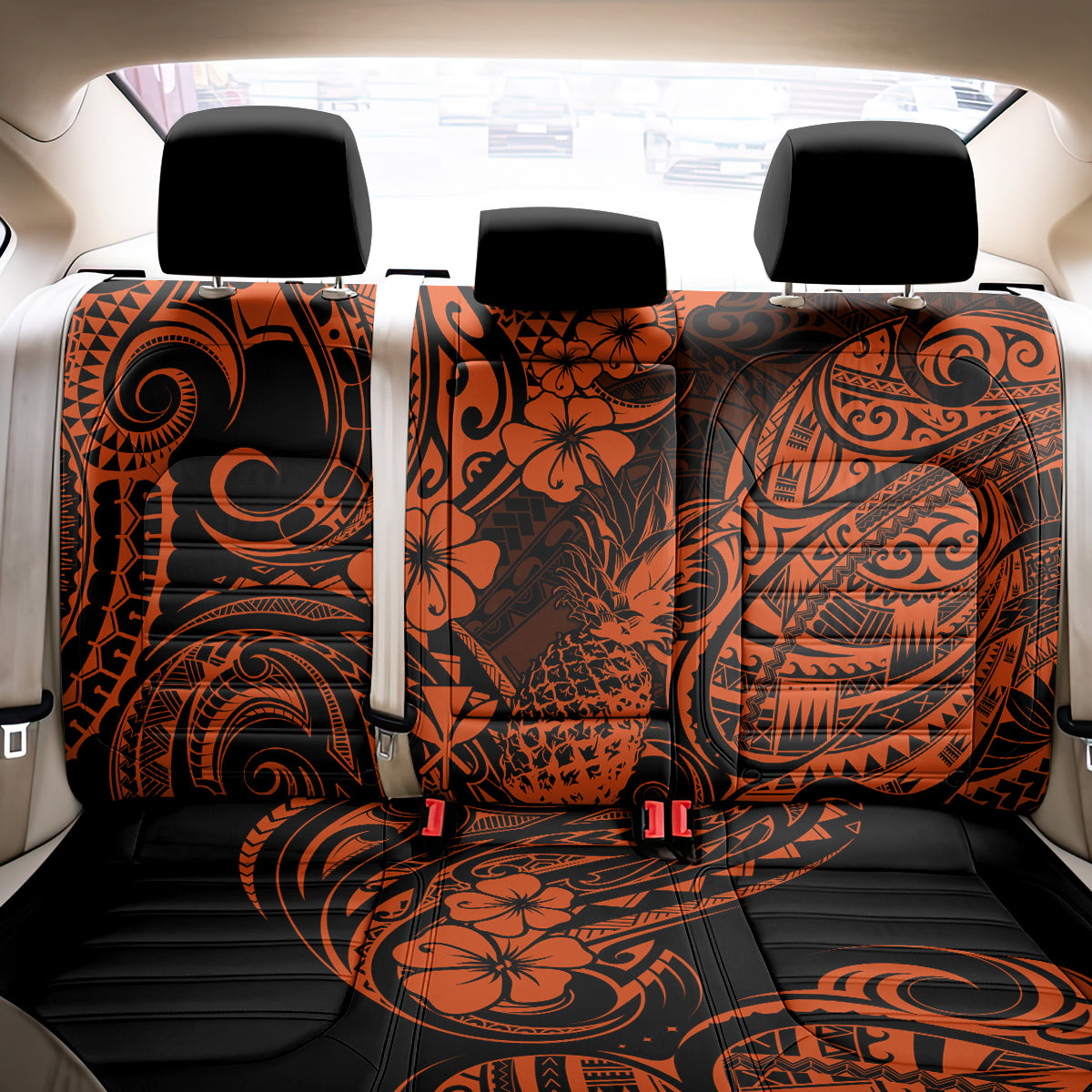 Hawaii Pineapple Back Car Seat Cover Paradise Flowers Pacific With Orange Polynesian Tribal